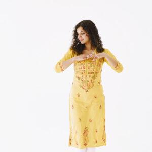 purple embroidered yoke a line kurta with pockets
